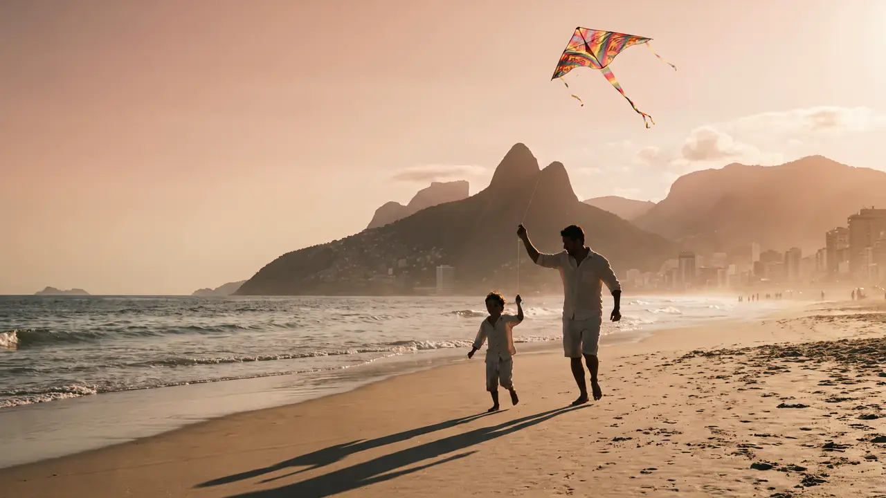Pai e filho empinam pipa na praia de Ipanema, o Dois Irmãos ao fundo.